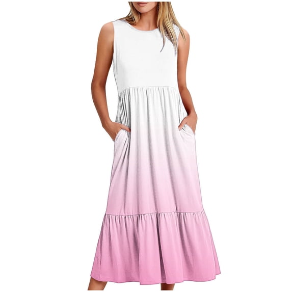 Diufon Gradient Printed Maxi Dresses for Women Crewneck Sleeveless Dress Summer Casual Dress with Pockets