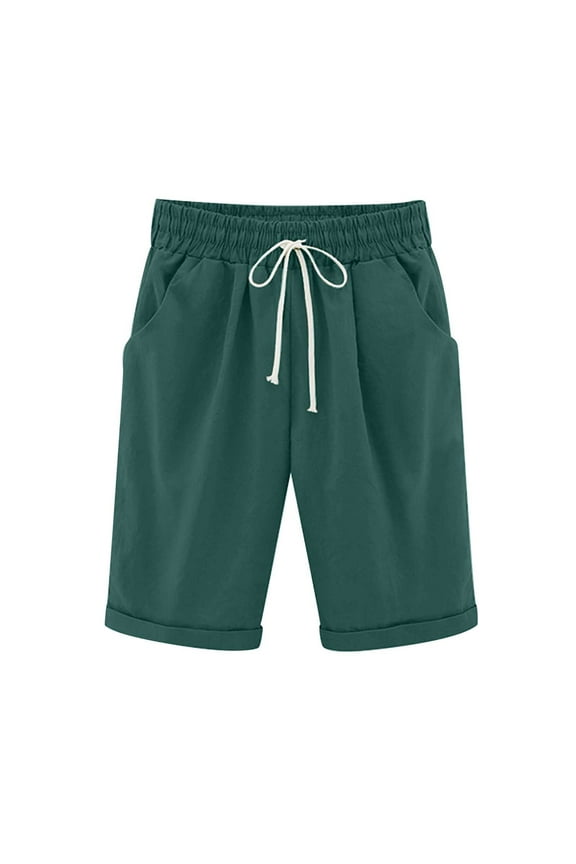 Half Pant for Women Summer Plus Size Casual Pants Elastic Waist Solid Color Knee Length Trouser (Small, Army Green)