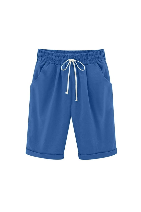 Half Pant for Women Summer Plus Size Casual Pants Elastic Waist Solid Color Knee Length Trouser (X-Large, Blue)