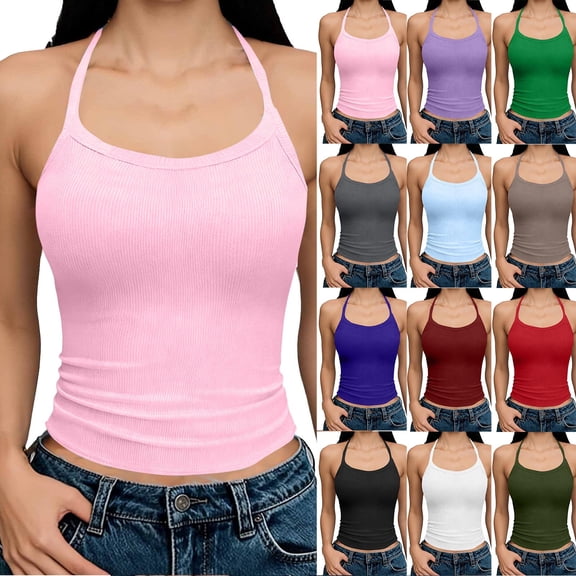Diufon Halter Tank Tops for Women Ribbed Scoop Neck Sleeveless Tops Slim Fitted Basic Layering Cami Shirts