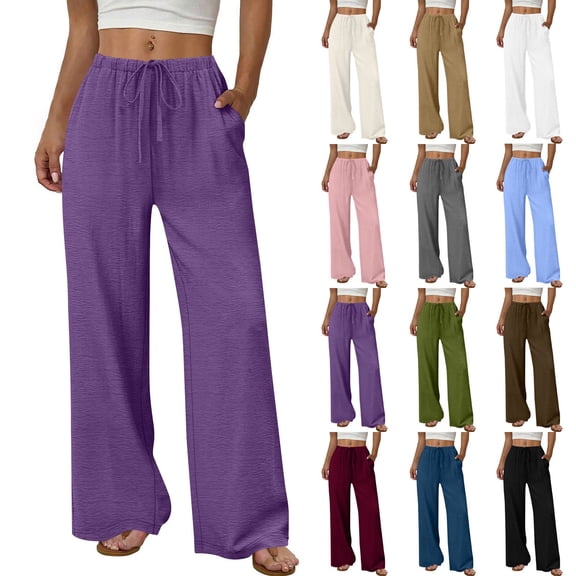 Diufon Women's Linen Pants Drawstring Waist Wide Leg Palazzo Pant Summer Casual Beach Trousers with Pockets