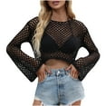 thumbnail image 1 of Diufon Hollow out Tops for Women Solid Color Cover-Up Tops Round Neck Long Sleeve Crop Tops, 1 of 6