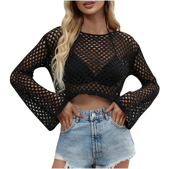 Diufon Hollow out Tops for Women Solid Color Cover-Up Tops Round Neck Long Sleeve Crop Tops