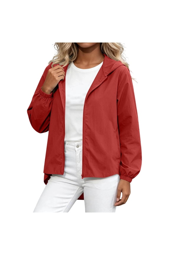 Hooded Zip Up Jackets for Women Long Sleeve High Low Hem Loose Windbreaker Coats Lightweight Travel Jacket