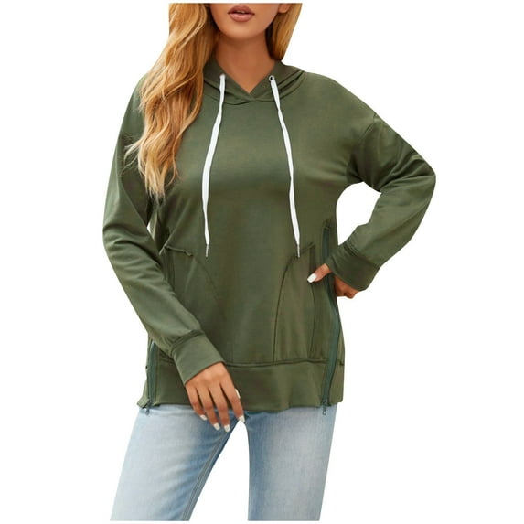 Diufon Hoodies Drawstring for Women Solid Color Side Hem Split Sweatshirt Long Sleeve Blouses