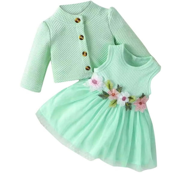 Diufon Infant Baby Girl Dress Outfit Long Sleeve Button Jackets and Sleeveless Embroidery Floral Princess Dress