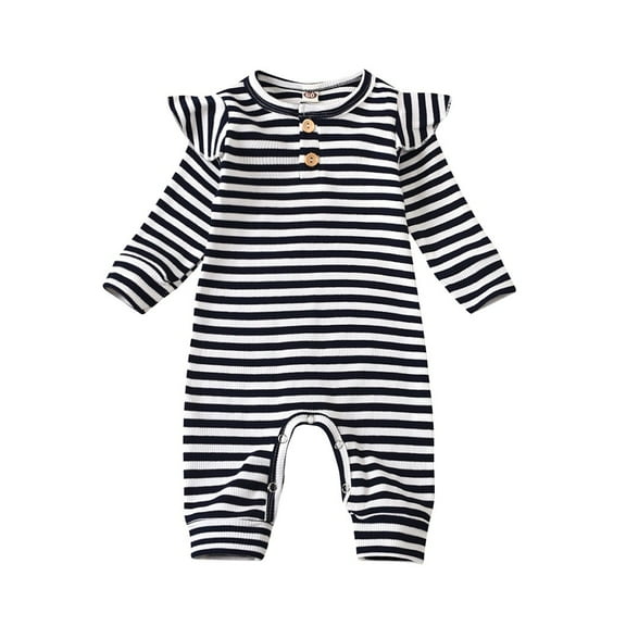 Diufon Infant Baby Girl Romper Newborn Ruffle Long Sleeve Button Bodysuit Striped Printed Bow Tie Jumpsuit