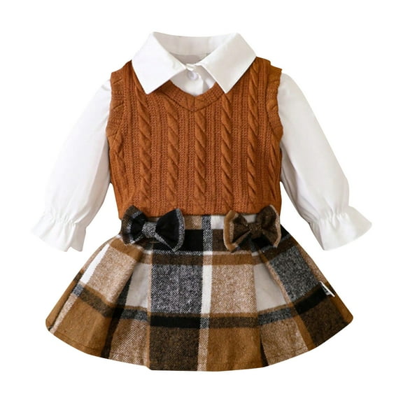 Diufon Infant Baby Girl Skirt Outfit Long Sleeve Button Lapel Shirt & Knit Vest & Plaid Bow Skirt 3 Piece Set