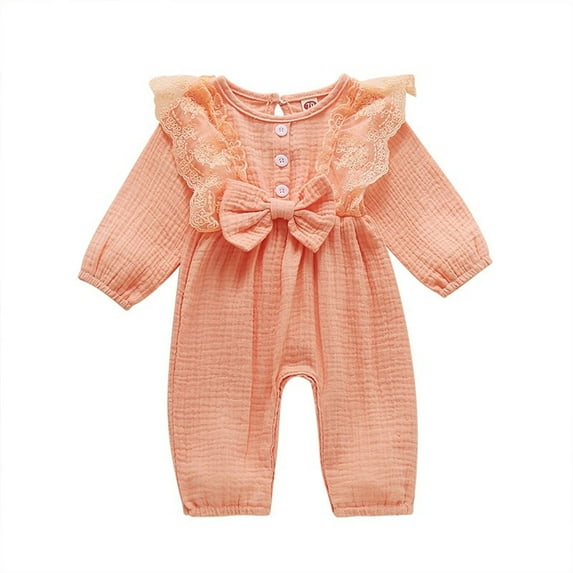 Diufon Infant Baby Girls Romper Newborn Long Sleeve Ruffle Lace Button Bodysuit Solid Color Bow Tie Jumpsuit