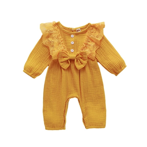 Diufon Infant Baby Girls Romper Newborn Long Sleeve Ruffle Lace Button Bodysuit Solid Color Bow Tie Jumpsuit