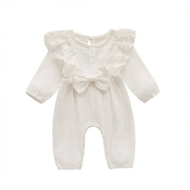 Diufon Infant Baby Girls Romper Newborn Long Sleeve Ruffle Lace Button Bodysuit Solid Color Bow Tie Jumpsuit