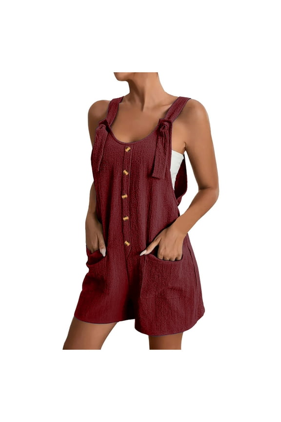 Jumpsuit for Women Crewneck Sleeveless Adjustable Strap Rompers with Pockets Button Down Playsuit