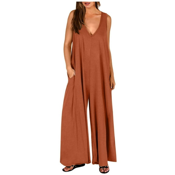 Diufon Jumpsuit for Women Sleeveless V Neck Wide Leg Pants Romper with Pockets Solid Color Casual Overalls