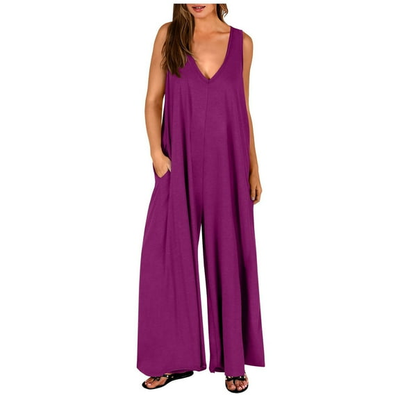 Diufon Jumpsuit for Women Sleeveless V Neck Wide Leg Pants Romper with Pockets Solid Color Casual Overalls