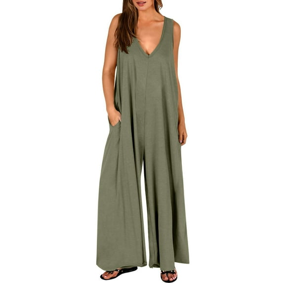 Diufon Jumpsuit for Women Sleeveless V Neck Wide Leg Pants Romper with Pockets Solid Color Casual Overalls