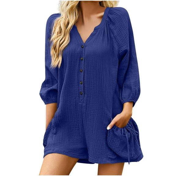 Diufon Jumpsuits for Women Button Puff Long Sleeve V Neck Short Wide Leg Pants with Drawstring Pockets