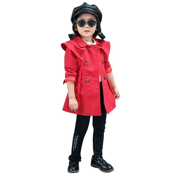 Diufon Kids Baby Boy Girl Windbreaker Lapel Double Breaste Outwear Solid Color Long Sleeve Mid-Long Coat (4-5 Years, Red)