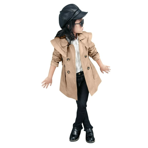 Diufon Kids Baby Boy Girl Windbreaker Lapel Double Breaste Outwear Solid Color Long Sleeve Mid-Long Coat (6-7 Years, Khaki)