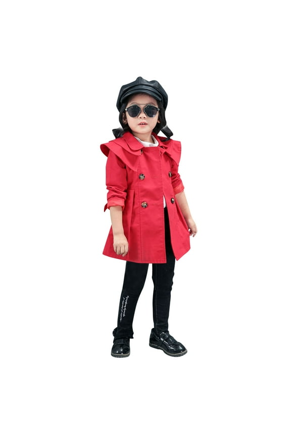 Kids Baby Boy Girl Windbreaker Lapel Double Breaste Outwear Solid Color Long Sleeve Mid-Long Coat (6-7 Years, Red)