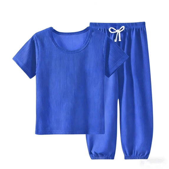 Diufon Kids Boys Girls Short Sleeve Pajamas Set Lightweight Breathable Sleepwear Elastic Pants Solid Color Loungewear