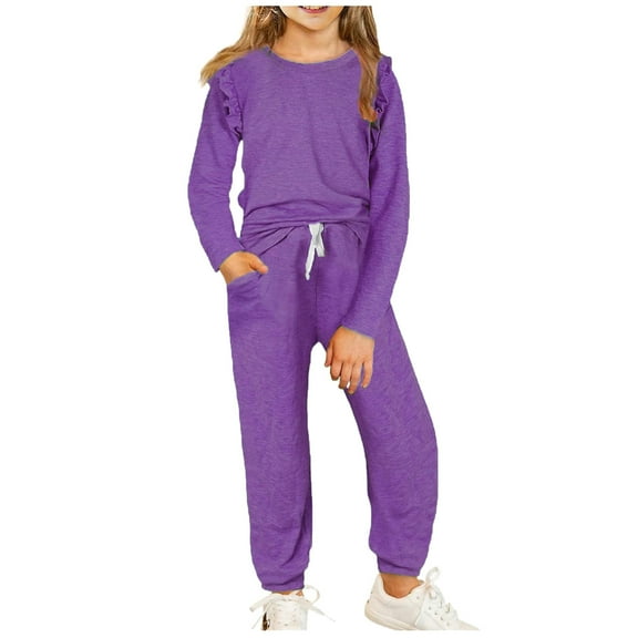 Diufon Kids Girls Clothes Sets Ruffled Long Sleeve Tops and Drawstring Pants with Pockets Casual Tracksuits 2 Piece