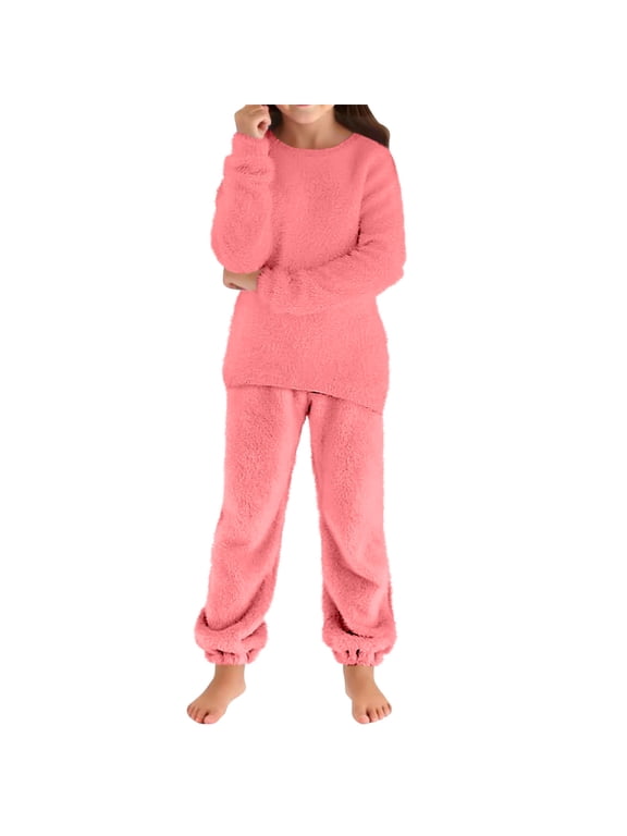Kids Girls Fleece Pajamas Set Long Sleeve Long Pants Warm Sleepwear Fuzzy Homewear Fall Winter Loungewear