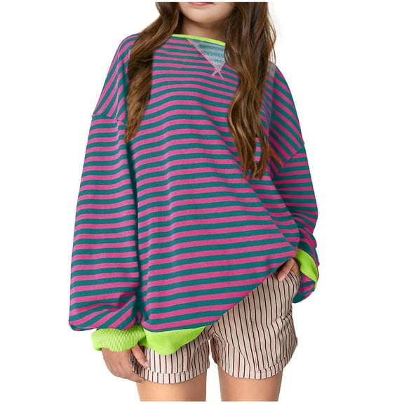 Diufon Kids Girls Sweatshirts Stripe Printed Pullover Tops Casual Round Neck Long Sleeve Blouses