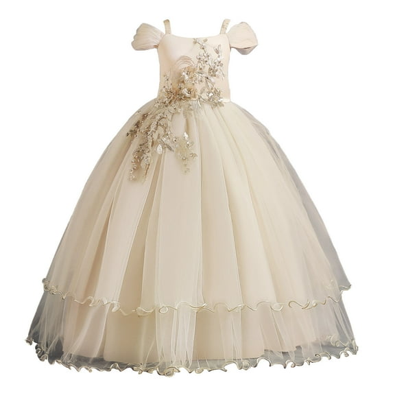 Diufon Kids Toddler Girls Puffy Princess Dresses Sequin Bow Layered Tulle Skirt Kids Girl Birthday Dresses (11-12 Years, Beige)