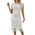 thumbnail image 1 of Diufon Knit Cotton Dresses for Women Solid Color Hem Fringe Dress Crewneck Cap Sleeve Hollow out Dress, 1 of 6