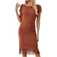 thumbnail image 1 of Diufon Knit Cotton Dresses for Women Solid Color Hem Fringe Dress Crewneck Cap Sleeve Hollow out Dress, 1 of 1