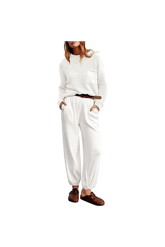 Knit Cotton Womens Sets Round Neck Long Sleeve Sweaters Lounge Pants Sets with Pockets