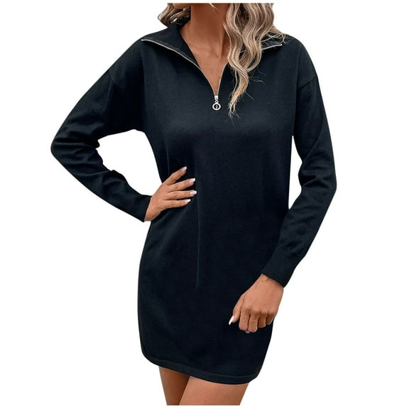 Diufon Knit Mini Dresses for Women Half Zipper V Neck Sweater Dress Casual Long Sleeve Dress