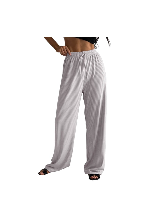 Knit Pants for Women Wide Leg Ribbed Knitted High Waist Drawstring Pant Soft Sport Jogging Trousers