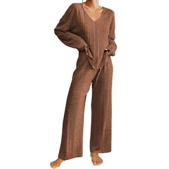 Diufon Knit Sets for Women Fall Casual V Neck Long Sleeve Tops Solid Color Wide Leg Pants