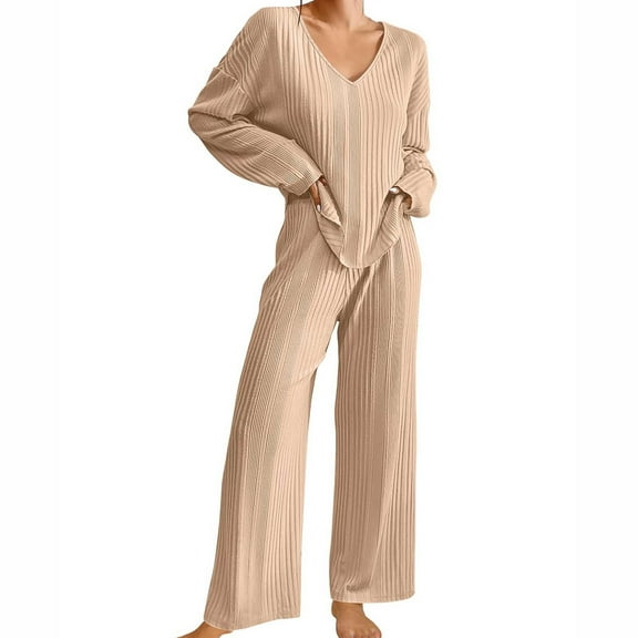 Diufon Knit Sets for Women Fall Casual V Neck Long Sleeve Tops Solid Color Wide Leg Pants