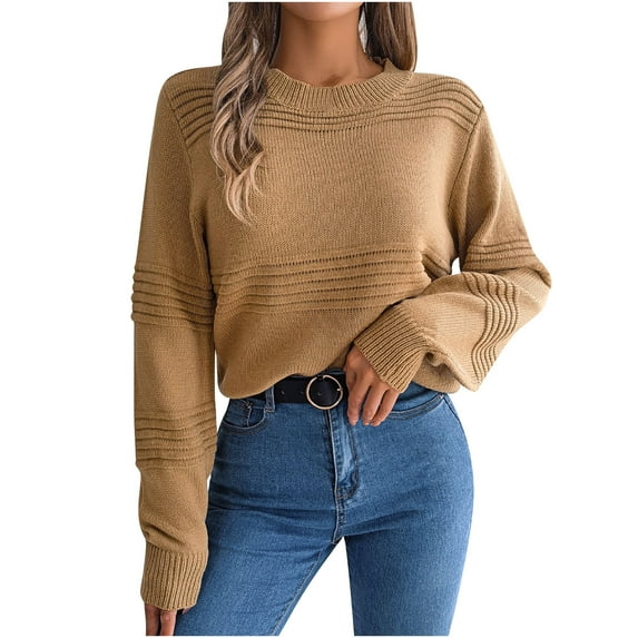 Diufon Knit Sweaters for Women Round Neck Long Sleeve Blouses Casual Loose Solid Color Tops