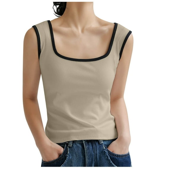 Diufon Knit Tank Tops for Women Summer Color Block Crop Tops Square Neck Sleeveless Pleated Tees