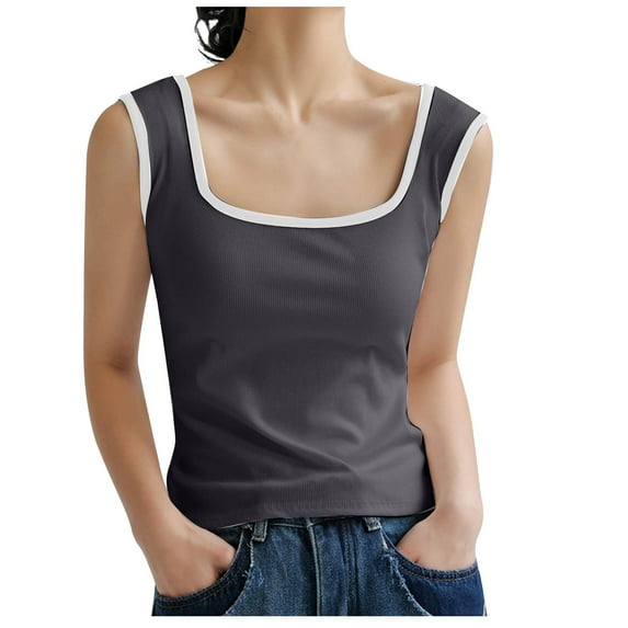 Diufon Knit Tank Tops for Women Summer Color Block Crop Tops Square Neck Sleeveless Pleated Tees