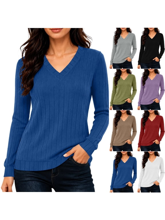 Knit Tops for Women Solid Color V Neck Long Sleeve Thermal Shirts Fall Winter Warm Base-Layer Blouse