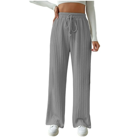 Diufon Knit Womens Pants Elastic High Waist Lounge Pants Casual Solid Color Wide Leg Pants