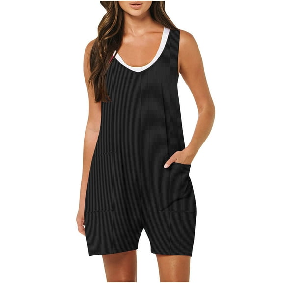 Diufon Knit Womens Shorts Rompers V Neck Sleeveless Bodysuits Solid Color Playsuits with Pockets
