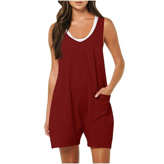 Diufon Knit Womens Shorts Rompers V Neck Sleeveless Bodysuits Solid Color Playsuits with Pockets