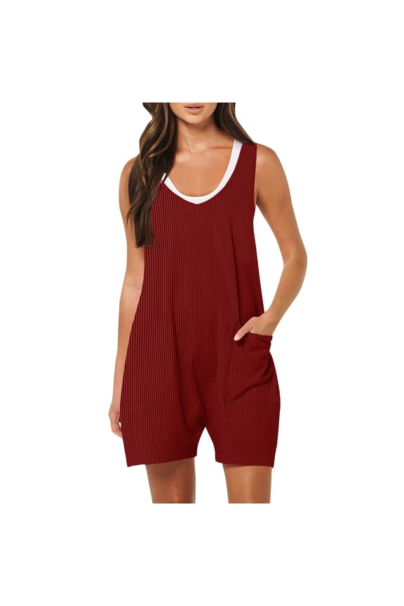 Knit Womens Shorts Rompers V Neck Sleeveless Bodysuits Solid Color Playsuits with Pockets