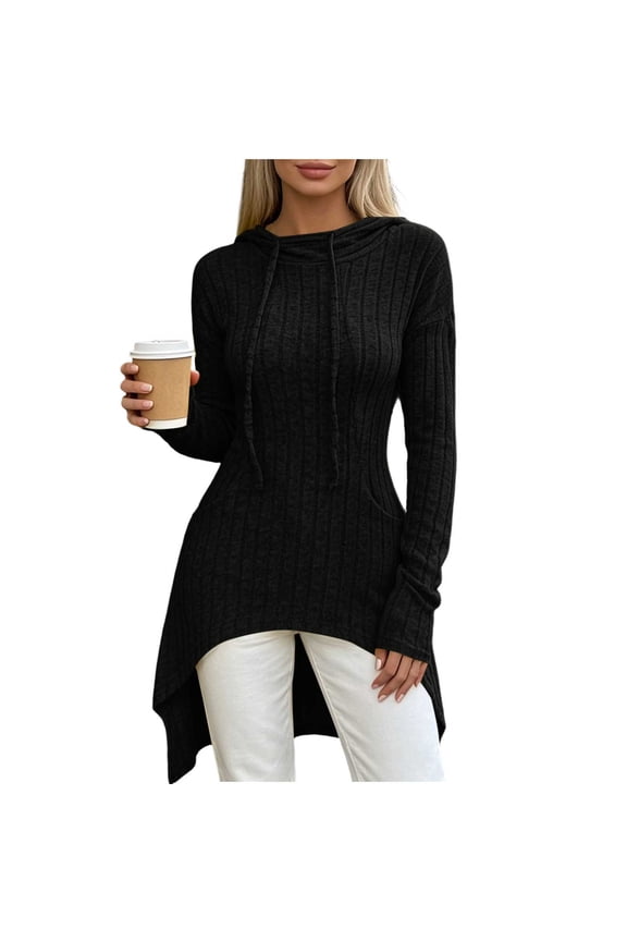 Knitted Hoodies for Women Long-Sleeve Cowl Neck Irregular Hem Drawstring Long Tops Fall Fashion Clothes with Pockets