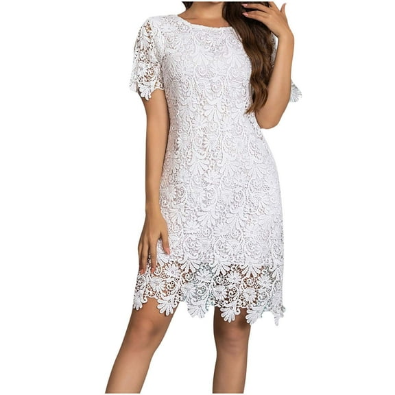 Diufon Lace Dresses for Women Round Neck Short Sleeve Dress Summer Trendy Solid Color Dress