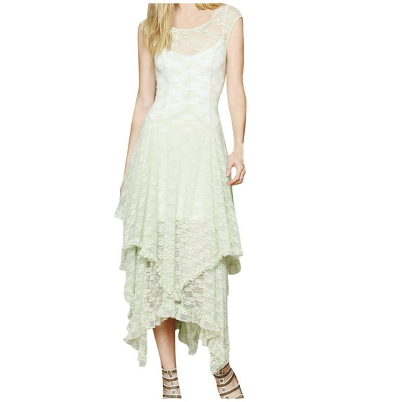 Diufon Lace Maxi Dresses for Women Round Neck Sleeveless Dress Ruffle Irregular Hem Dress