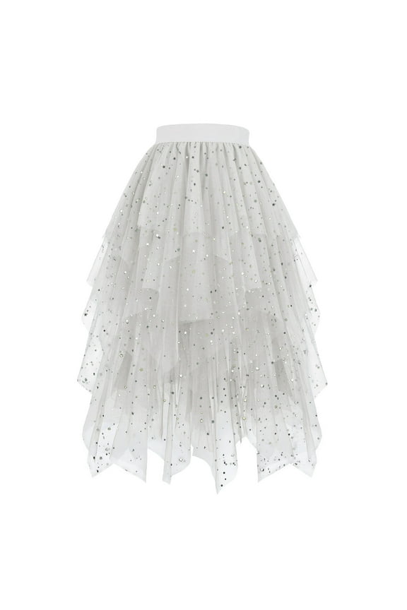 Lace Skirts for Women Sequin Tulle Midi Skirts High Low Sparkly Layered Elastic Waist A-Line Skirt