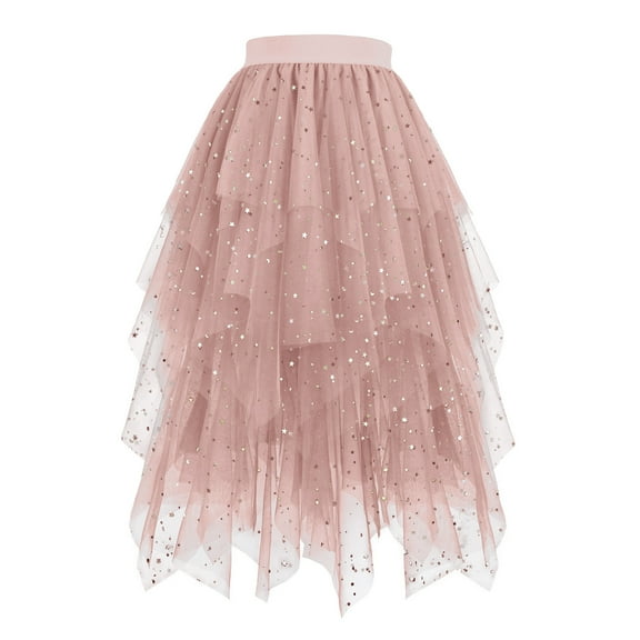 Diufon Lace Skirts for Women Sequin Tulle Midi Skirts High Low Sparkly Layered Elastic Waist A-Line Skirt
