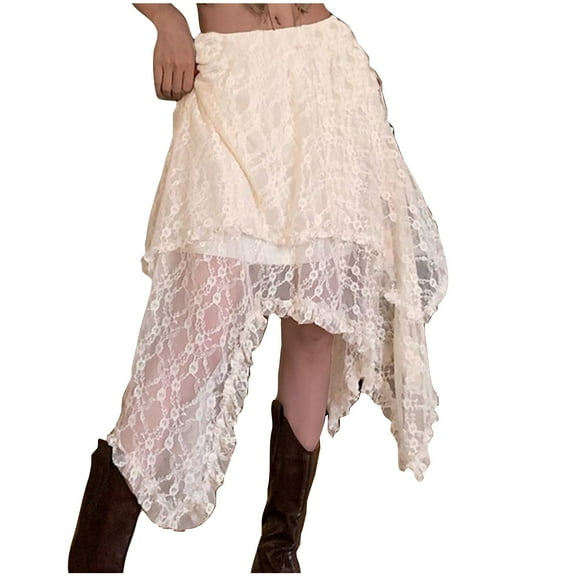 Diufon Lace Skirts for Women Trendy Summer Elastic High Waist Midi Skirts Layered Mesh Tulle A-line Skirt