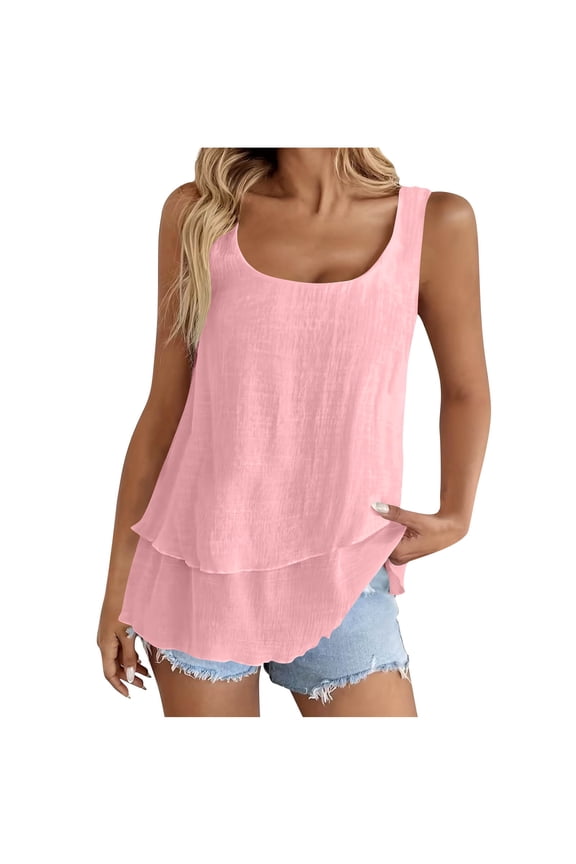Layered Linen Tank Tops for Women Summer Beach Casual Tunic Shirts Sleeveless Loose Elegant Going Out Blouse